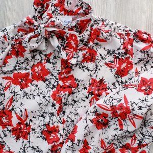 Vintage Bow Tie Neck Red & White Print Blouse